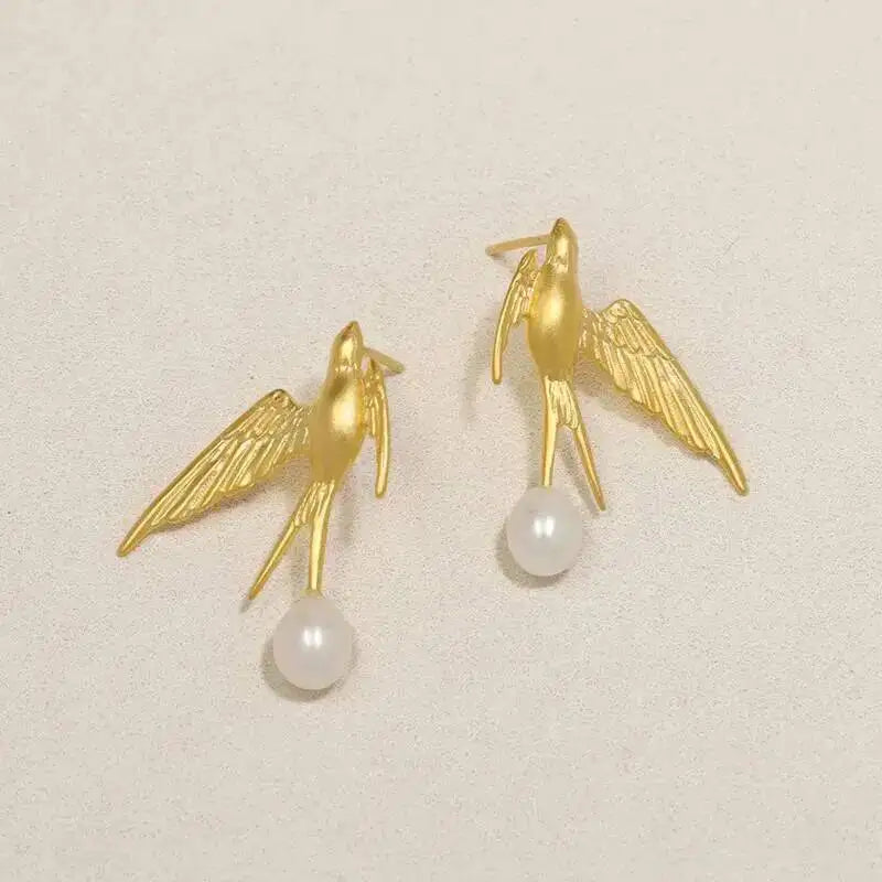GEEZENCA 925 Silver Pearl 3D Swallow Bird Statement Earrings Women Designer Trendy Dainty Unique Stud Earring Party Gift For Her