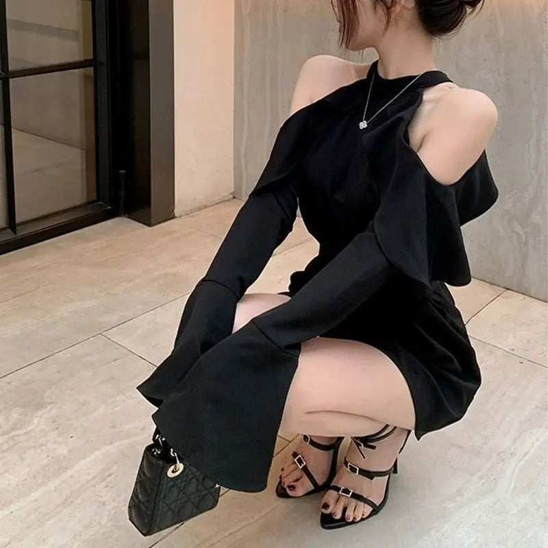 Fashion Off Shoulder Waist Dresses Female Clothing Solid Color Spring Autumn Ruffles Spliced French Style Long Sleeve Mini Dress