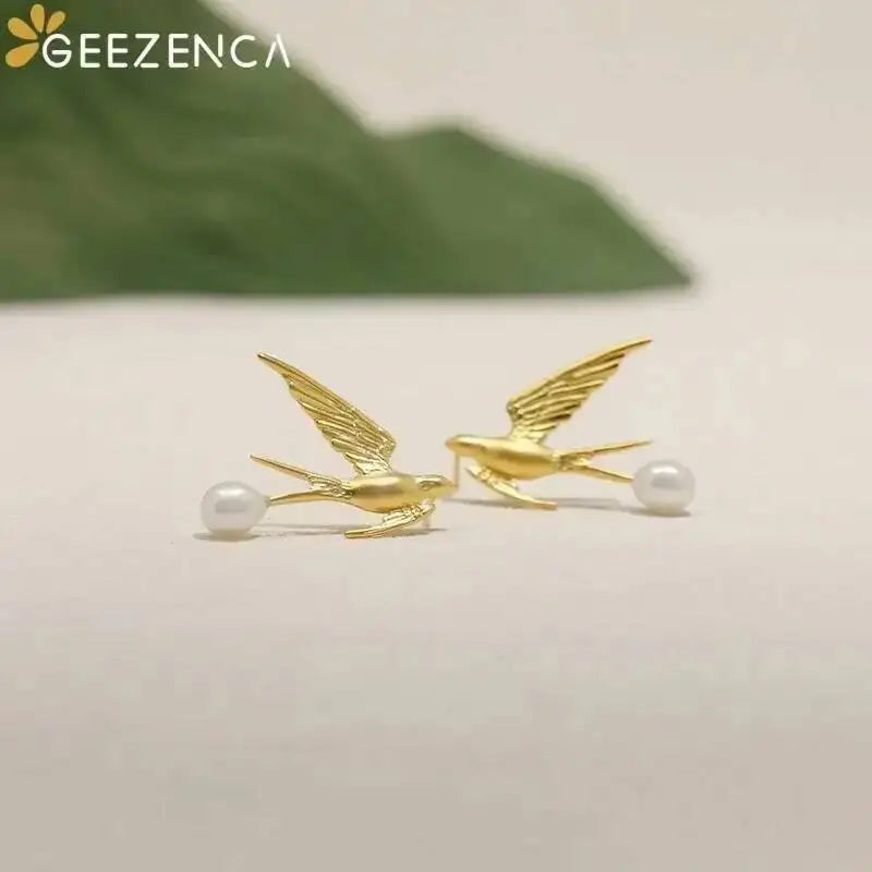 GEEZENCA 925 Silver Pearl 3D Swallow Bird Statement Earrings Women Designer Trendy Dainty Unique Stud Earring Party Gift For Her
