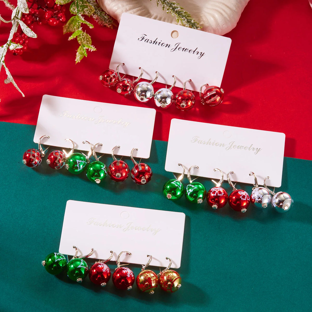 3 Pairs/Set Creative Acrylic Ball Hoop Earrings for Women Christmas Printing Snowflake Bell Ball Dangle Earring New Year Jewelry