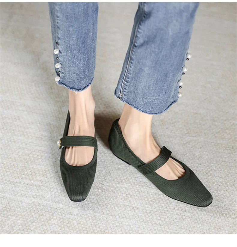 2024 Leisure Weaving Flats Women Ankle Strap Pearl Mary Stretch Fabric Ballerina  Knitting Moccasins  Mesh Ballet Solid Color