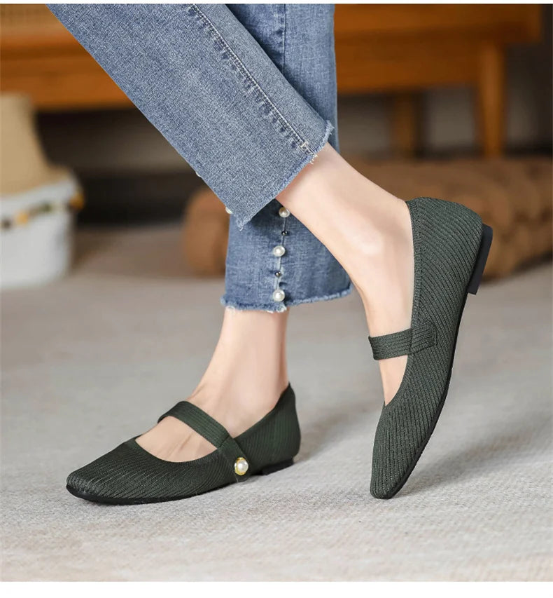 2024 Leisure Weaving Flats Women Ankle Strap Pearl Mary Stretch Fabric Ballerina  Knitting Moccasins  Mesh Ballet Solid Color