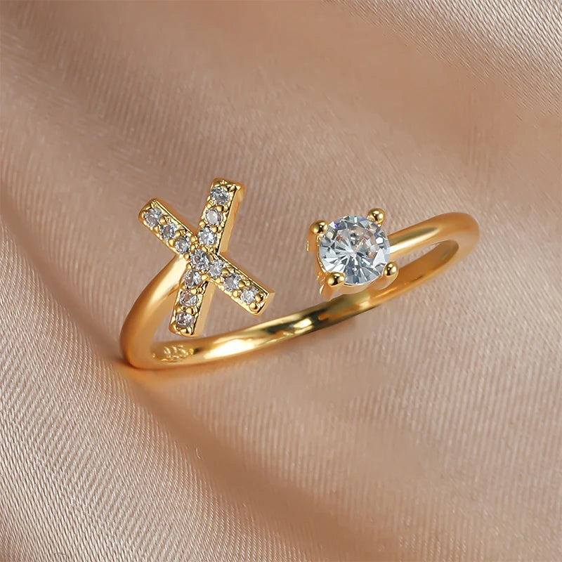 925 Sterling Silver Letter Gold Stackable Alphabet Rings with Initial Adjustable Crystal Inlaid Initial Rings Bridesmaid Gift