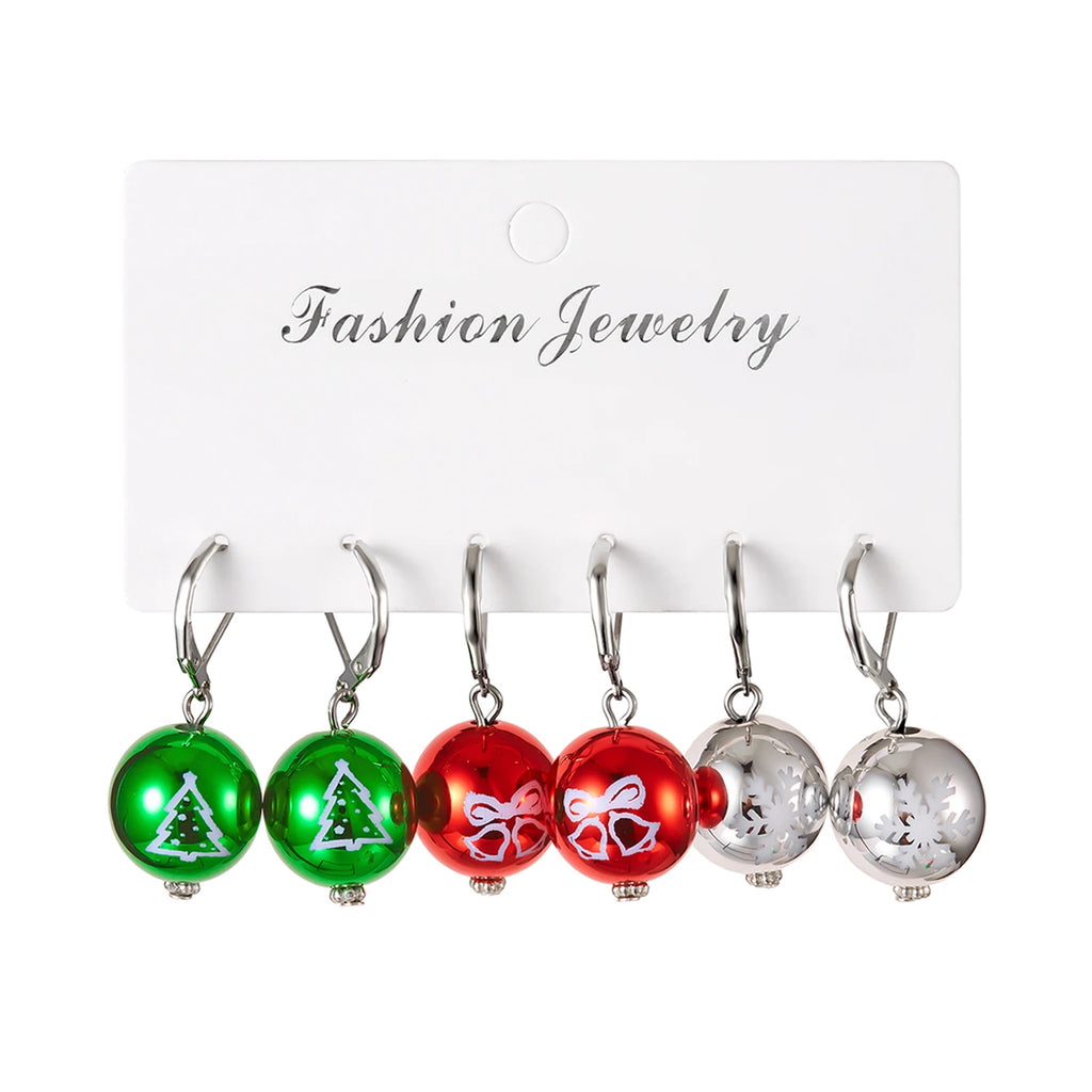 3 Pairs/Set Creative Acrylic Ball Hoop Earrings for Women Christmas Printing Snowflake Bell Ball Dangle Earring New Year Jewelry