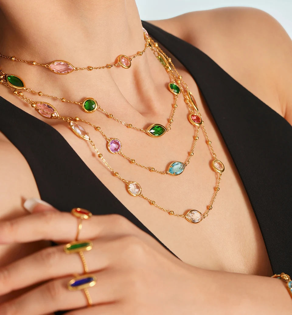 Stainless Steel Chain Necklaces Bracelet For Women 18k Gold Plated With Colorful Faceted Czech Glass Crystal Necklace Bracelets