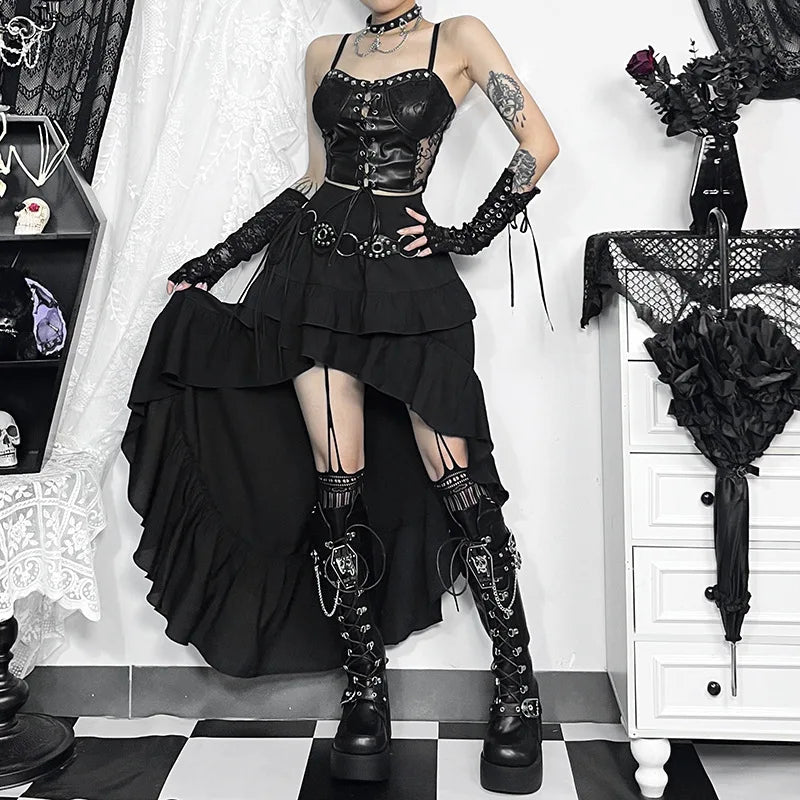 Goth Kawaii Black Tiered Skirts 90S Retro Irregular Hem Party Bottoms Mall Gothic Women Fashion Dragging Skirt Alt Clothing
