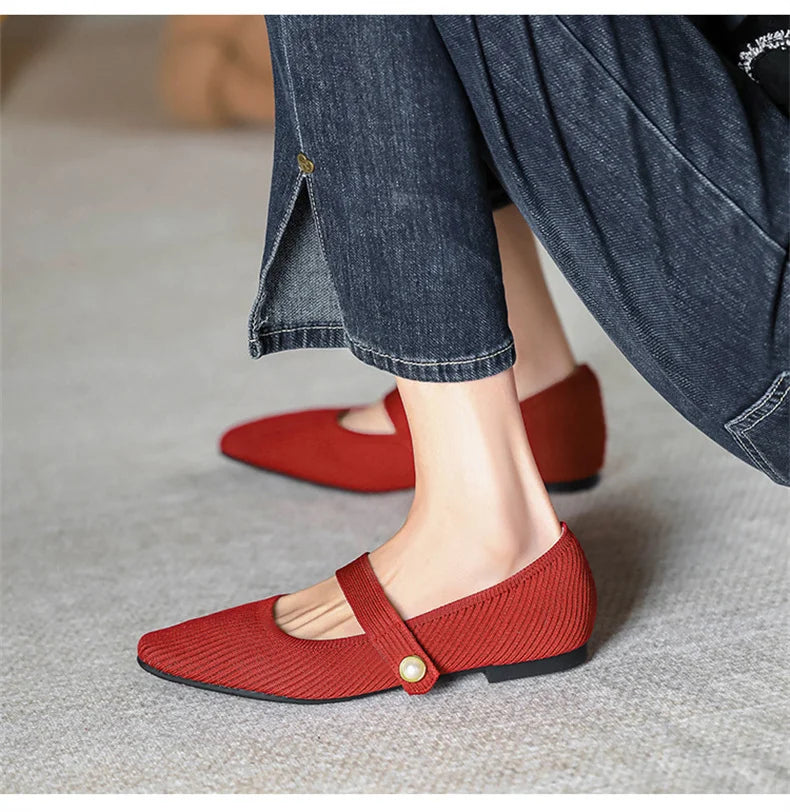 2024 Leisure Weaving Flats Women Ankle Strap Pearl Mary Stretch Fabric Ballerina  Knitting Moccasins  Mesh Ballet Solid Color