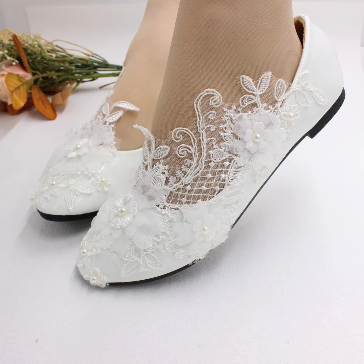 New Spring Lace Wedding Shoes White Flat Bride Shoes Original Design Princess Women's Single Shoes Suitable for Wedding Dress Ph