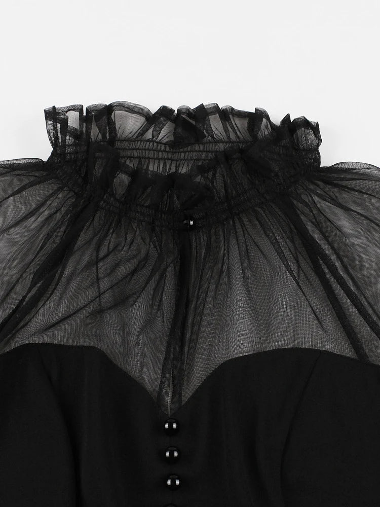 Tonval Stand Collar Button Front Mesh Patchwork Vintage Swing Dress Women Birthday Elegant Evening Party Dresses 2025 Spring
