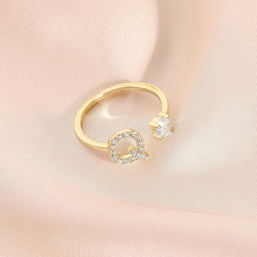 925 Sterling Silver Letter Gold Stackable Alphabet Rings with Initial Adjustable Crystal Inlaid Initial Rings Bridesmaid Gift