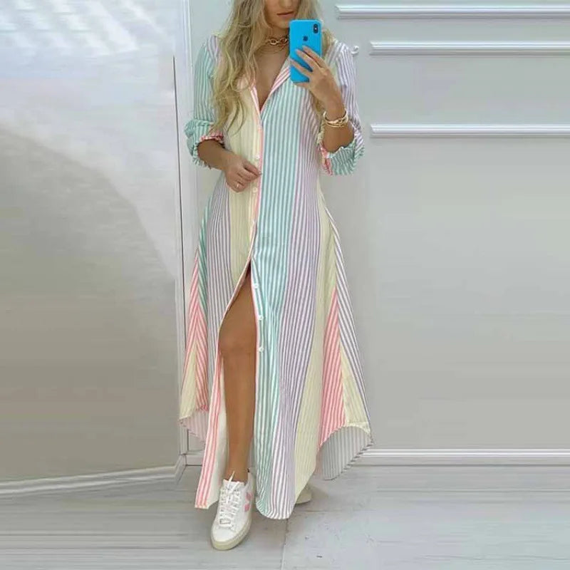 European And American Women's Clothing 2021 Autumn New Style Temperament Printed Shirt Lapel Single Breasted Long Irregular Wome