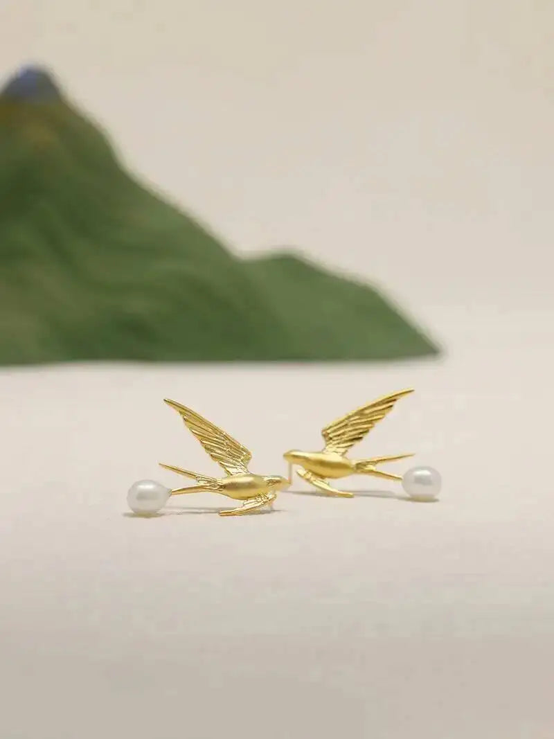 GEEZENCA 925 Silver Pearl 3D Swallow Bird Statement Earrings Women Designer Trendy Dainty Unique Stud Earring Party Gift For Her