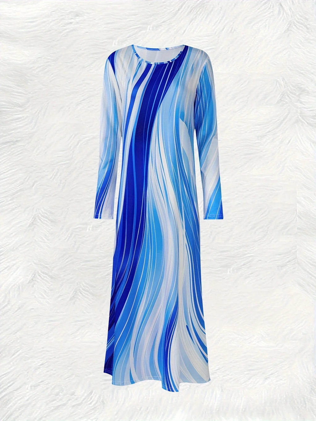 Boho Long Sleeve Women Dress Blue White Spiral Ombre Print Maxi Dress Casual Flowy Summer Vacation Dress Elastic Waist A-Line