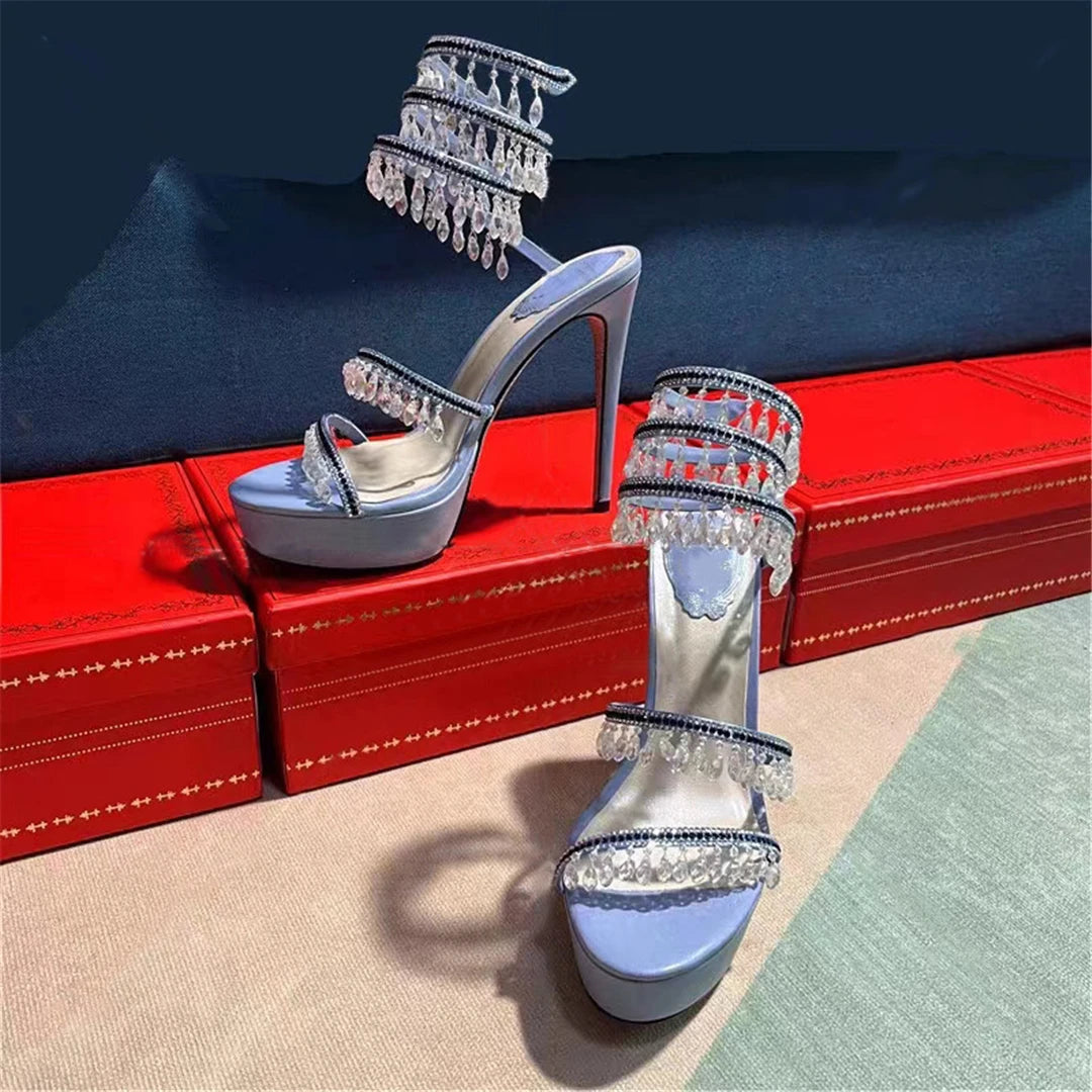 Summer new pearl rhinestone wrapped sexy waterproof platform sandals thin high-heeled banquet dress large size women's shoes