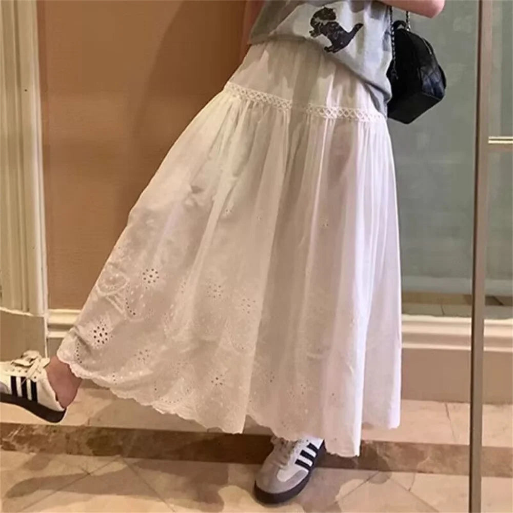 New Women's Summer Sweet White Cotton Crochet Long Skirt Spring 2025 Casual Skirts Lace up Embroidery Patchwork A-line Skirt