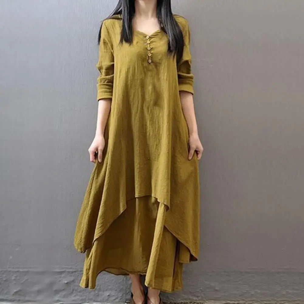 2024 Spring and Autumn Fashion Fake Two Piece Long Skirt Art Flax Dress Loose Long sleeved Cotton Linen Dress