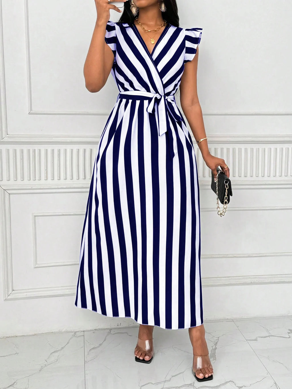 Women's Ruffled Sleeve Striped Dress Casual Vintage Long Sleeve Dress Maxi Dress