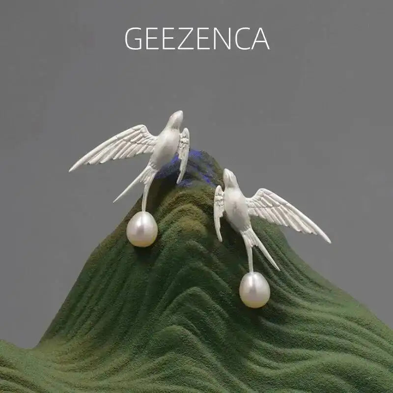 GEEZENCA 925 Silver Pearl 3D Swallow Bird Statement Earrings Women Designer Trendy Dainty Unique Stud Earring Party Gift For Her