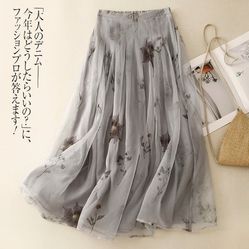Retro Cotton Linen Double Layer A-Line Skirt High Waist Pleated Draped Ele Summer Long Skirts for plus Size Women