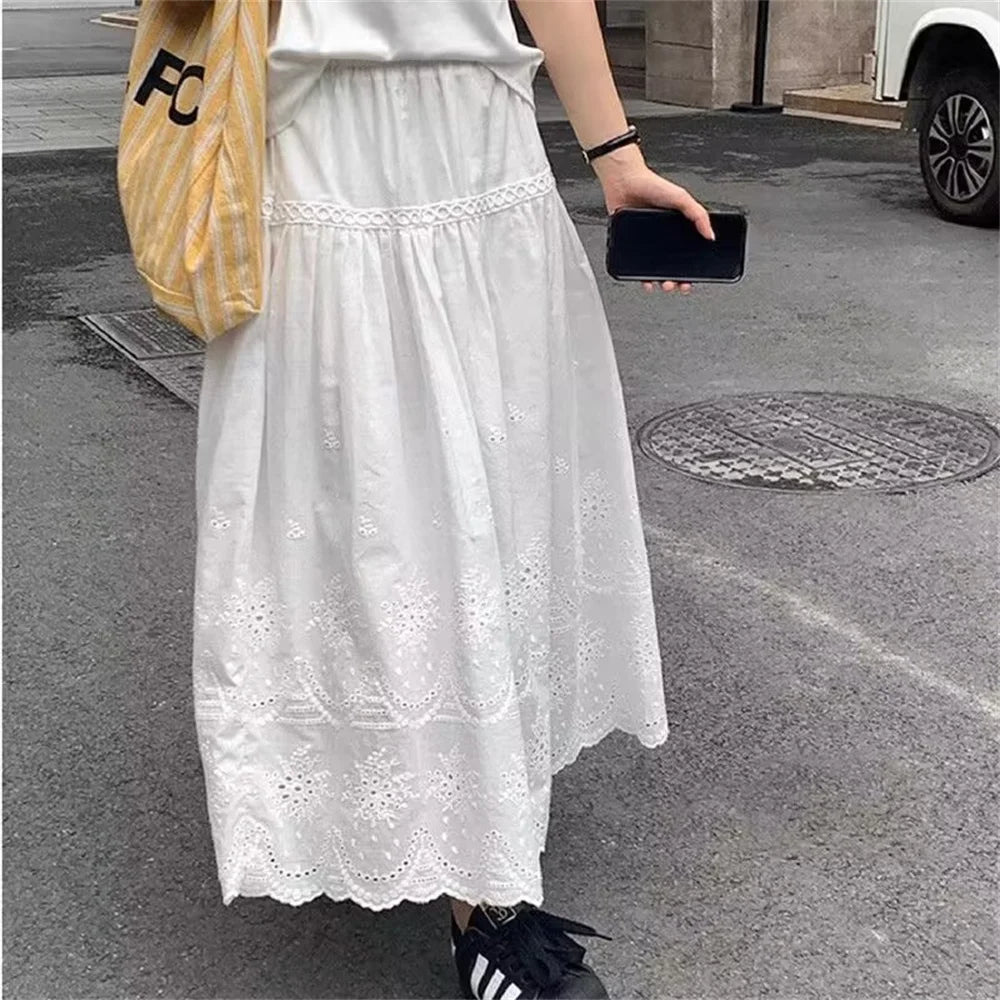 New Women's Summer Sweet White Cotton Crochet Long Skirt Spring 2025 Casual Skirts Lace up Embroidery Patchwork A-line Skirt