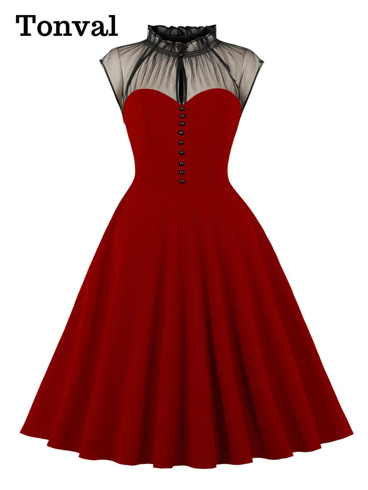 Tonval Stand Collar Button Front Mesh Patchwork Vintage Swing Dress Women Birthday Elegant Evening Party Dresses 2025 Spring