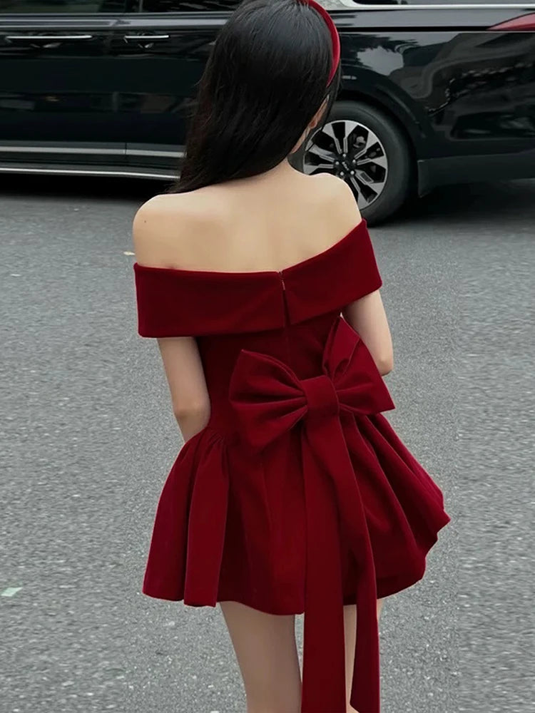 Sisterlind Bow Patchwork Dress Women Noble Chic Slash Neck Sleeveless Zip Ruffled Ruched Stretch Party Prom Banquet Sexy Bodycon