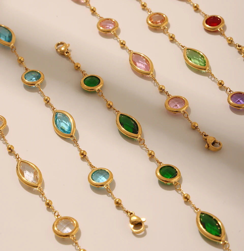 Stainless Steel Chain Necklaces Bracelet For Women 18k Gold Plated With Colorful Faceted Czech Glass Crystal Necklace Bracelets