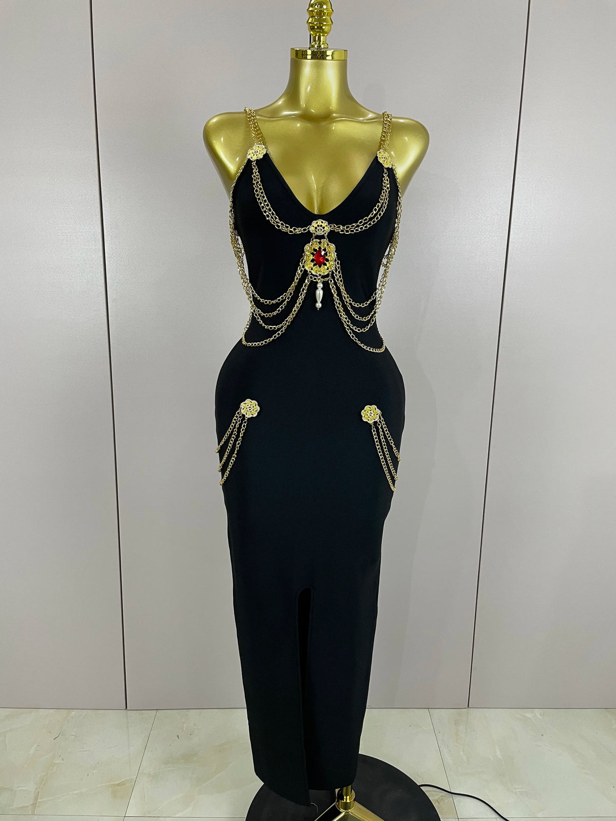 2025New High Quality New Black Chain Spaghetti Strap V-Neck Split Bandage Dress Bodycon Celebrity Club Party Long Dress Vestidos