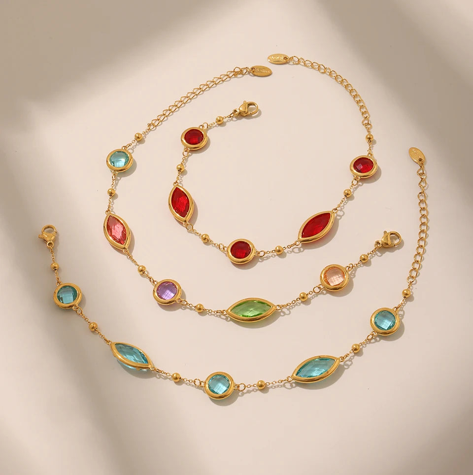 Stainless Steel Chain Necklaces Bracelet For Women 18k Gold Plated With Colorful Faceted Czech Glass Crystal Necklace Bracelets