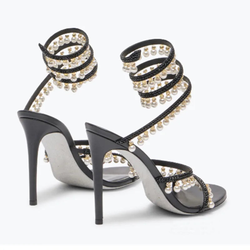 Summer new pearl rhinestone wrapped sexy waterproof platform sandals thin high-heeled banquet dress large size women's shoes