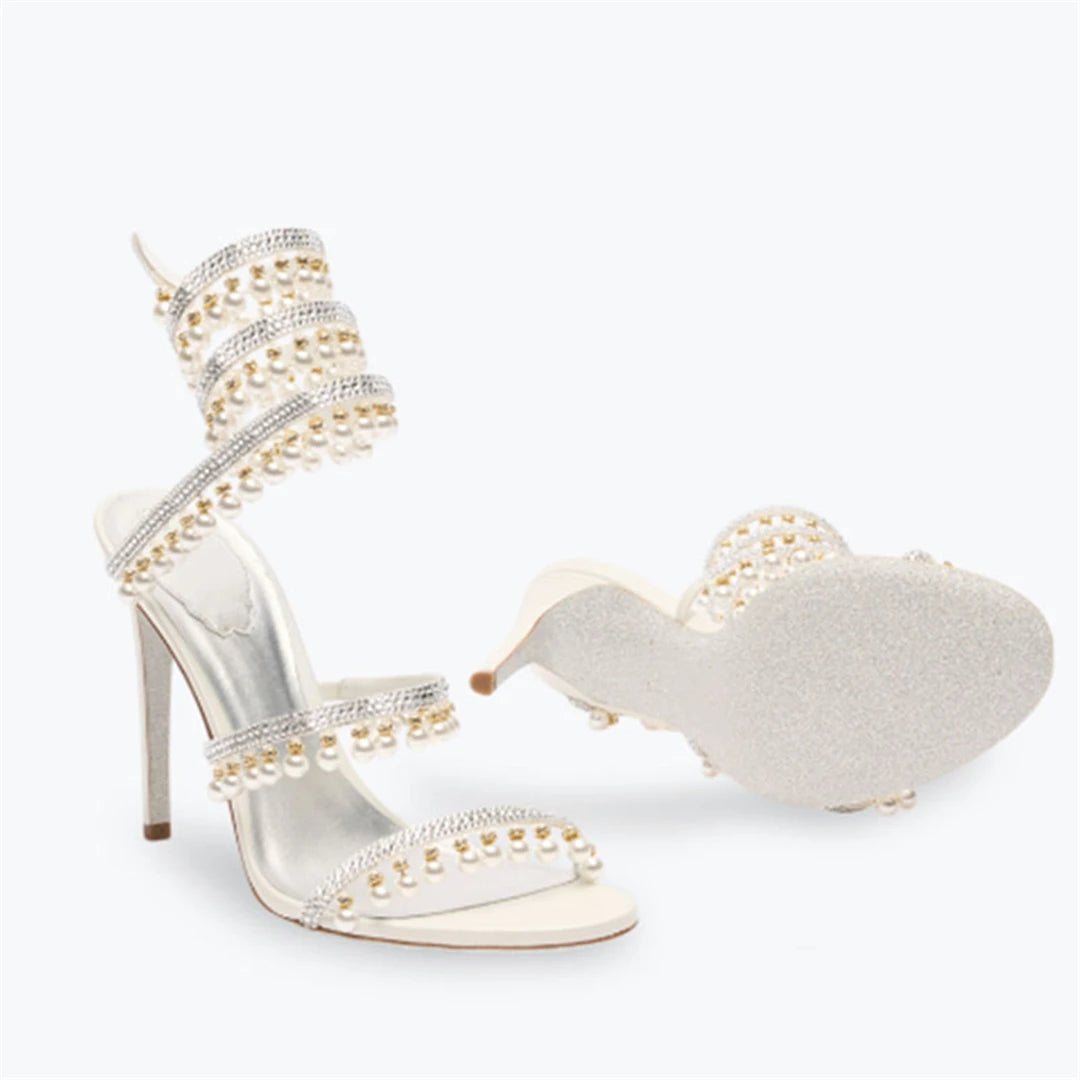 Summer new pearl rhinestone wrapped sexy waterproof platform sandals thin high-heeled banquet dress large size women's shoes