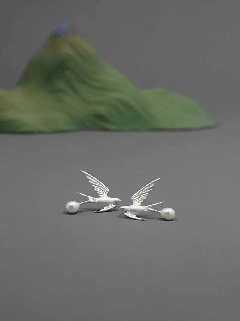 GEEZENCA 925 Silver Pearl 3D Swallow Bird Statement Earrings Women Designer Trendy Dainty Unique Stud Earring Party Gift For Her