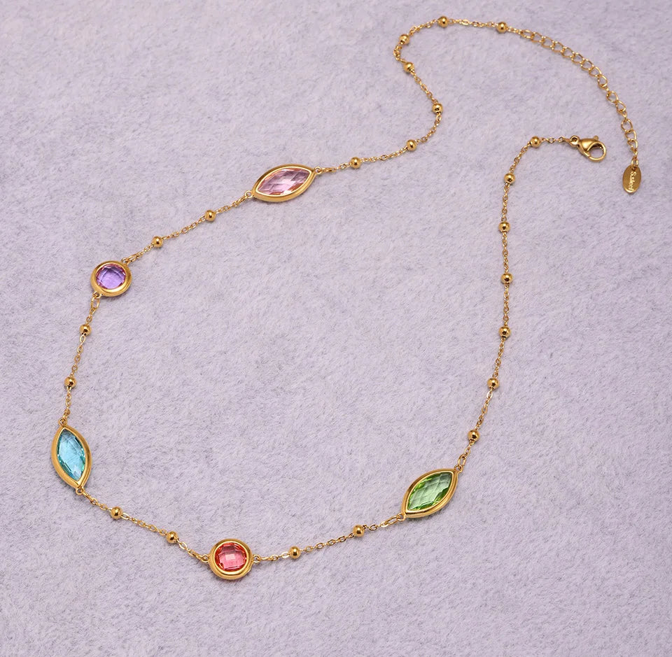 Stainless Steel Chain Necklaces Bracelet For Women 18k Gold Plated With Colorful Faceted Czech Glass Crystal Necklace Bracelets