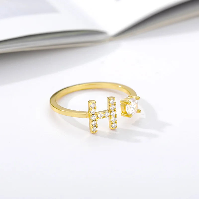 925 Sterling Silver Letter Gold Stackable Alphabet Rings with Initial Adjustable Crystal Inlaid Initial Rings Bridesmaid Gift