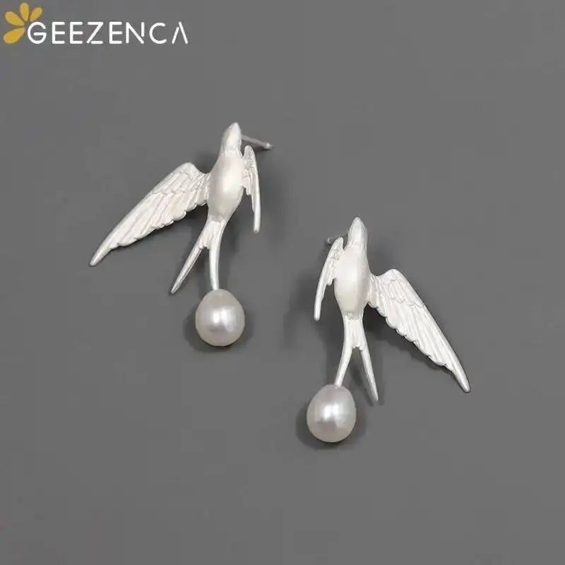 GEEZENCA 925 Silver Pearl 3D Swallow Bird Statement Earrings Women Designer Trendy Dainty Unique Stud Earring Party Gift For Her