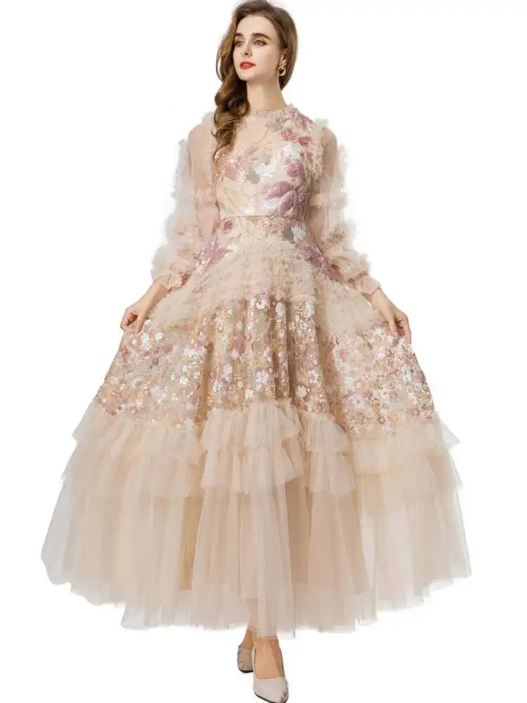 QMQA Fashion Women's Elegant Dress Embroidery Sequin Flare Sleeve Ruffle Puff Cake Dresses 2025 Summer New Female Clothing QM648