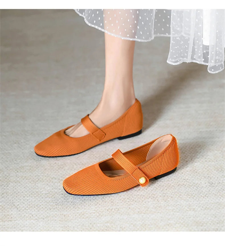 2024 Leisure Weaving Flats Women Ankle Strap Pearl Mary Stretch Fabric Ballerina  Knitting Moccasins  Mesh Ballet Solid Color