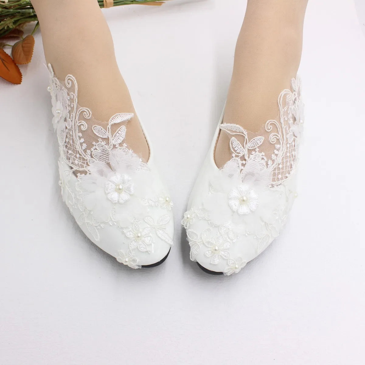 New Spring Lace Wedding Shoes White Flat Bride Shoes Original Design Princess Women's Single Shoes Suitable for Wedding Dress Ph
