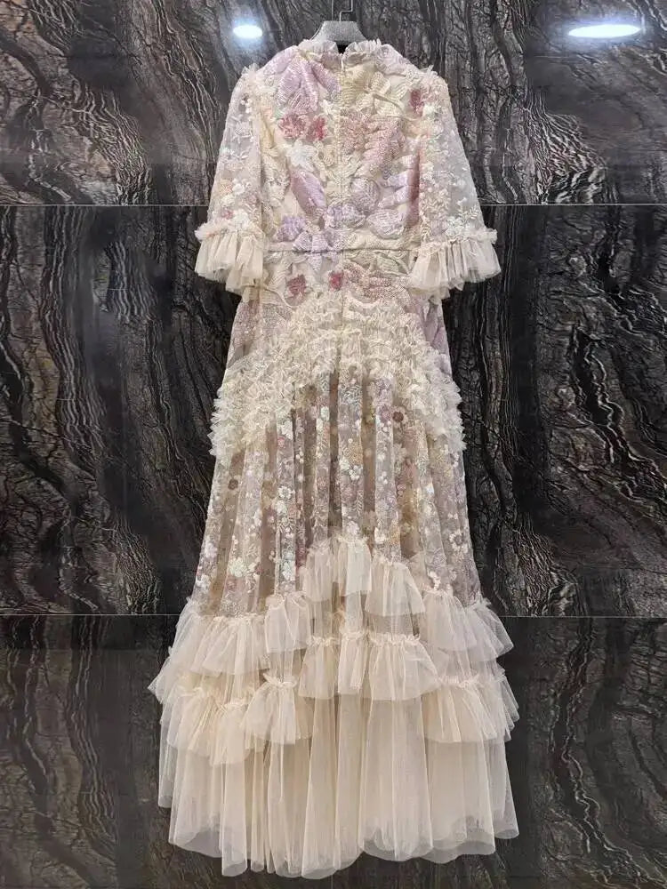 QMQA Fashion Women's Elegant Dress Embroidery Sequin Flare Sleeve Ruffle Puff Cake Dresses 2025 Summer New Female Clothing QM648