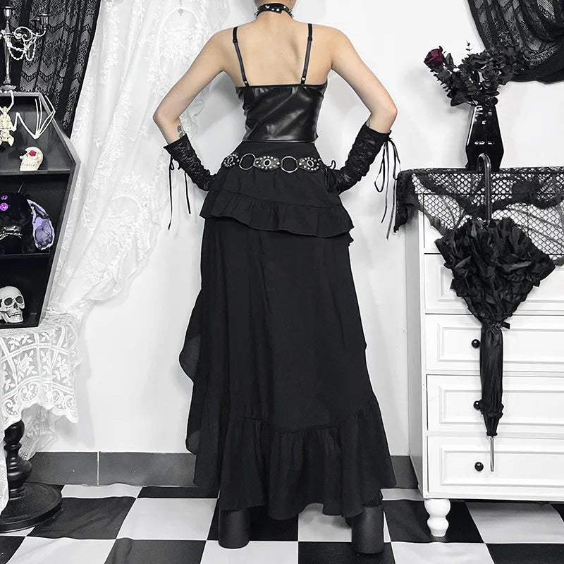 Goth Kawaii Black Tiered Skirts 90S Retro Irregular Hem Party Bottoms Mall Gothic Women Fashion Dragging Skirt Alt Clothing