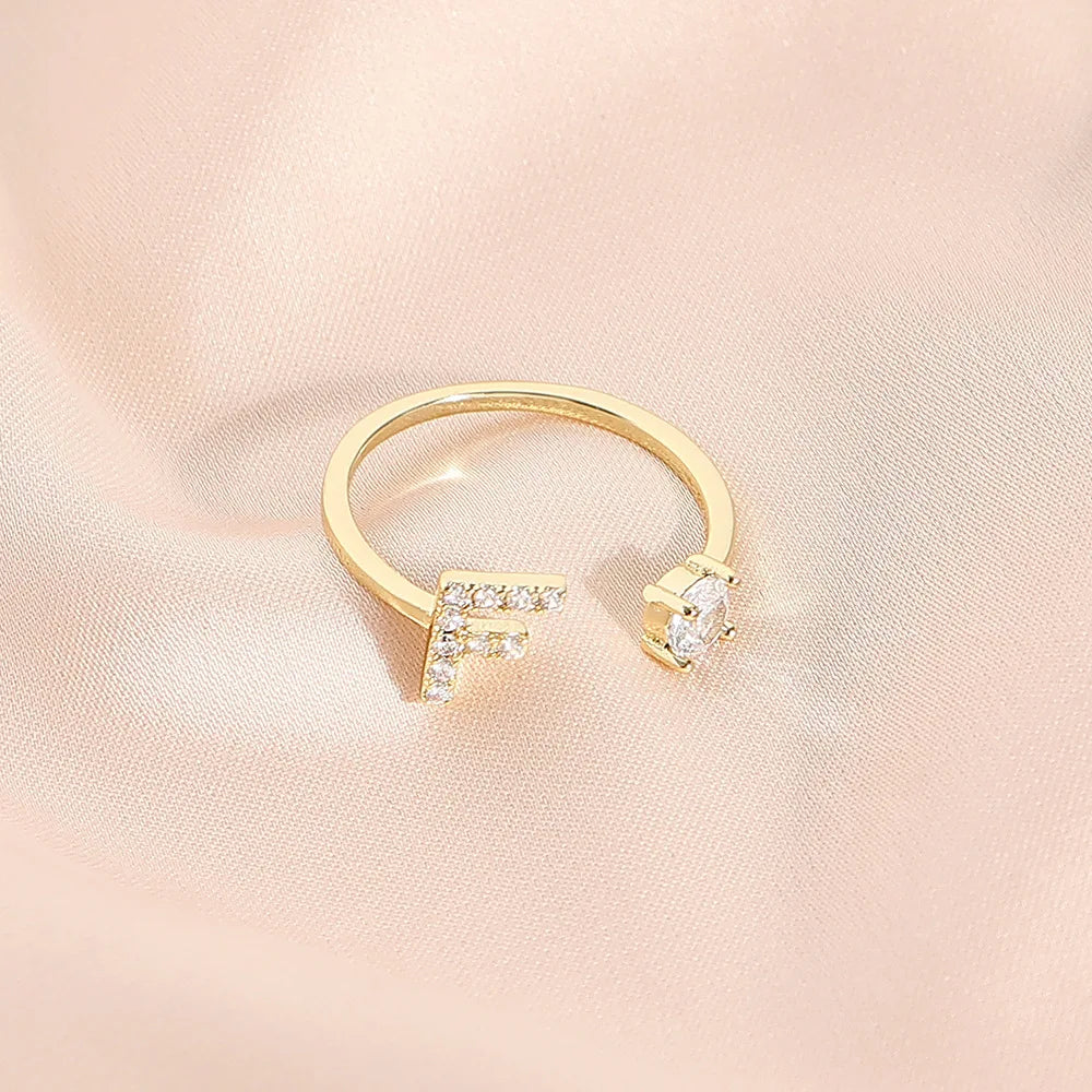 925 Sterling Silver Letter Gold Stackable Alphabet Rings with Initial Adjustable Crystal Inlaid Initial Rings Bridesmaid Gift