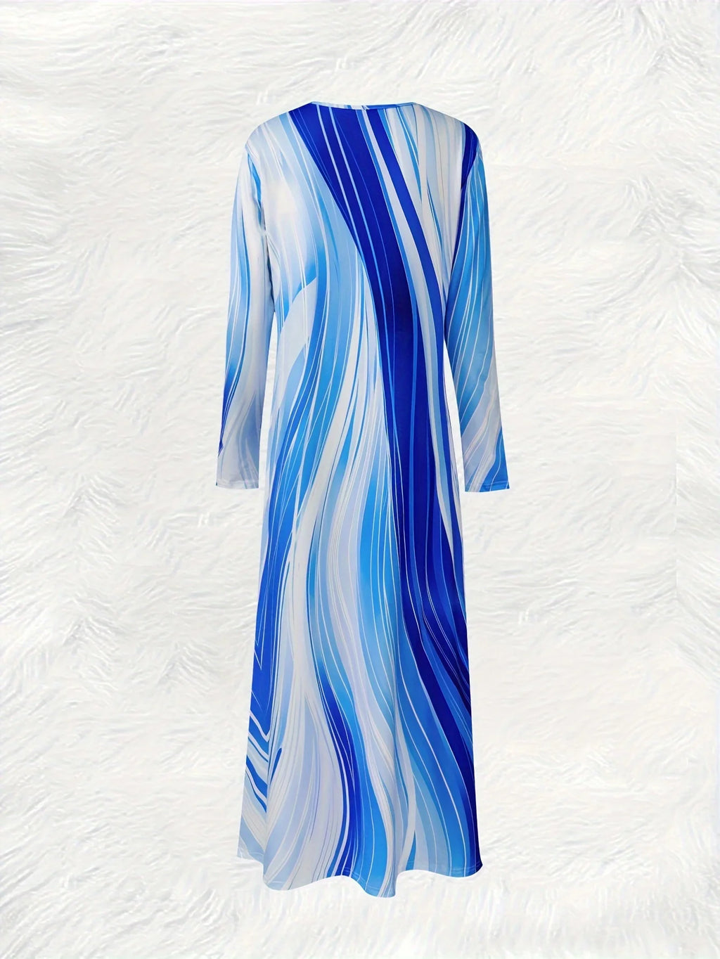 Boho Long Sleeve Women Dress Blue White Spiral Ombre Print Maxi Dress Casual Flowy Summer Vacation Dress Elastic Waist A-Line