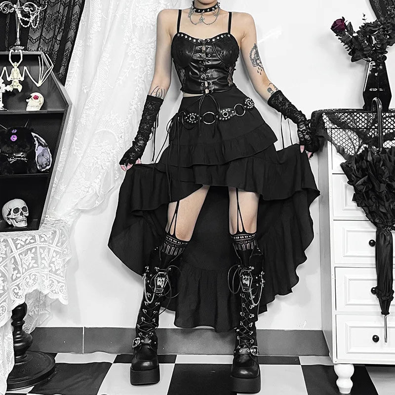 Goth Kawaii Black Tiered Skirts 90S Retro Irregular Hem Party Bottoms Mall Gothic Women Fashion Dragging Skirt Alt Clothing
