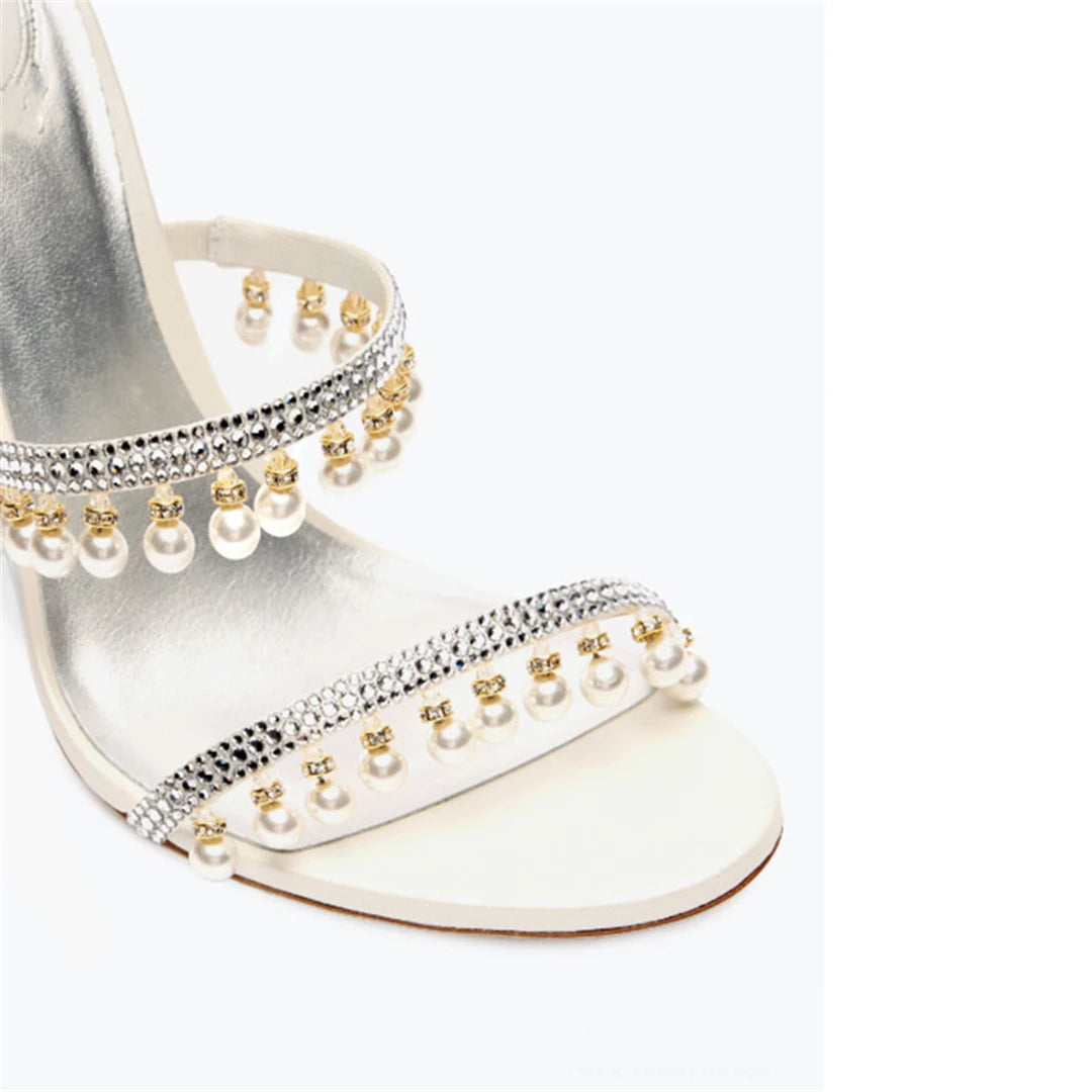 Summer new pearl rhinestone wrapped sexy waterproof platform sandals thin high-heeled banquet dress large size women's shoes