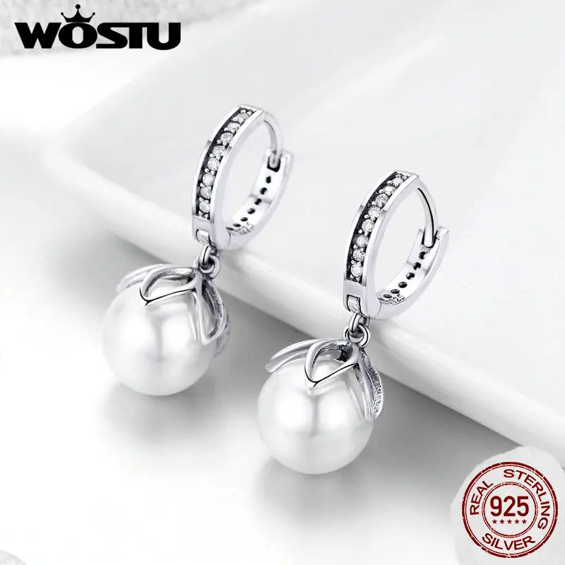 WOSTU Korean Fashion 925 Sterling Silver Freshwater Pearls Stud Earrings Zircon Silver Earrings For Women Wedding Jewelry CQE482