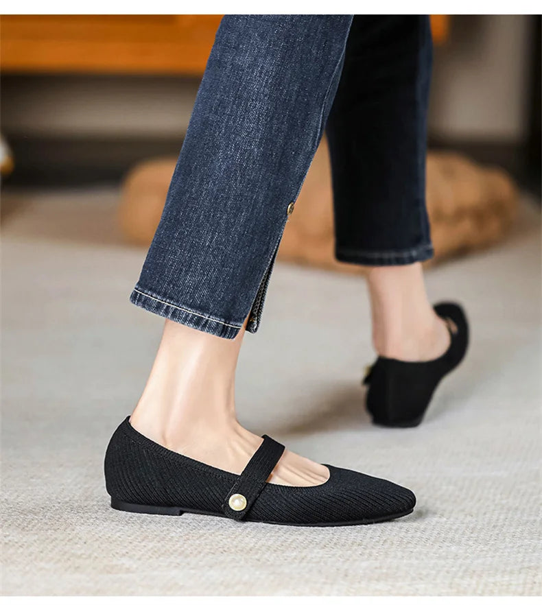 2024 Leisure Weaving Flats Women Ankle Strap Pearl Mary Stretch Fabric Ballerina  Knitting Moccasins  Mesh Ballet Solid Color