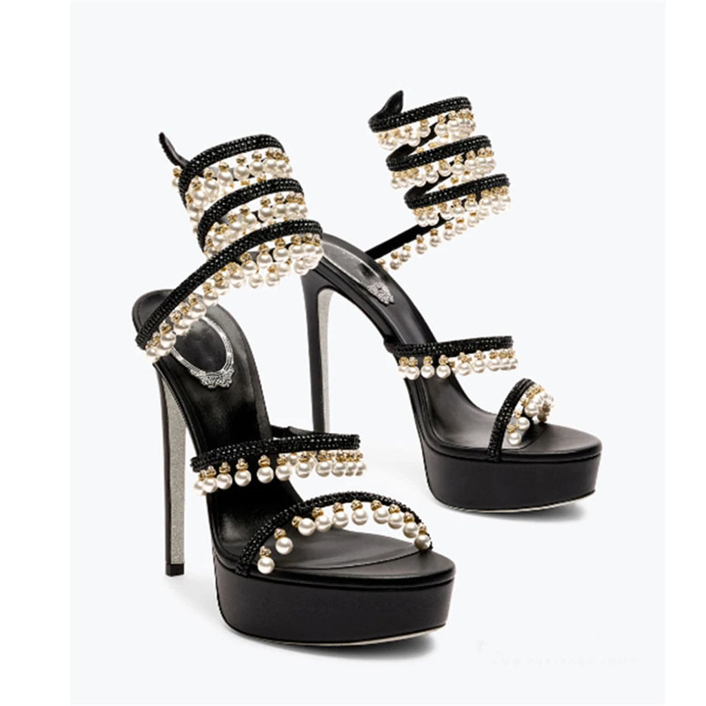 Summer new pearl rhinestone wrapped sexy waterproof platform sandals thin high-heeled banquet dress large size women's shoes