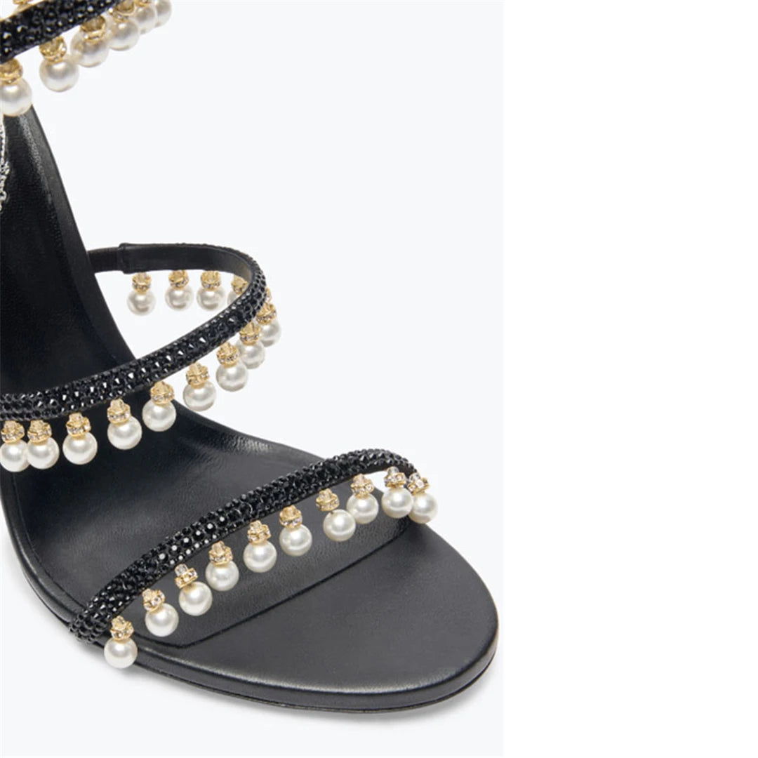Summer new pearl rhinestone wrapped sexy waterproof platform sandals thin high-heeled banquet dress large size women's shoes