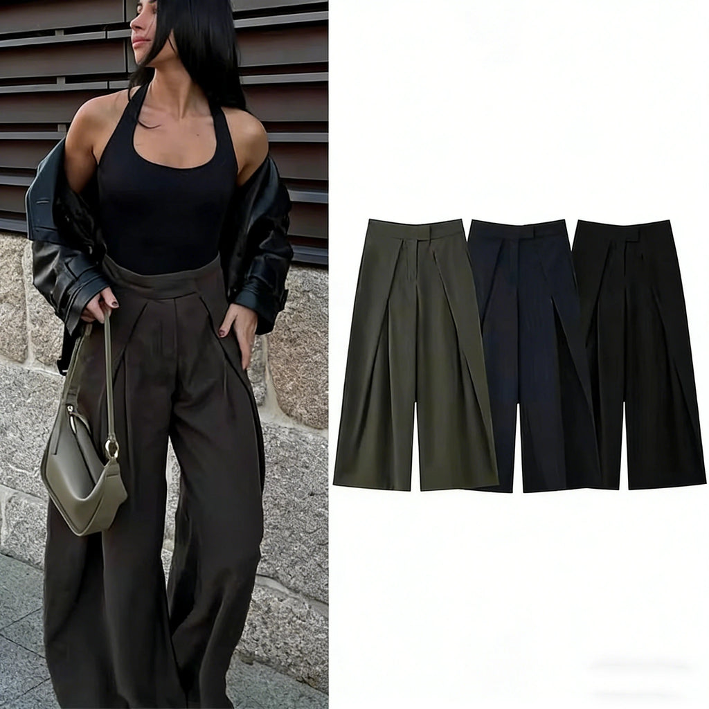 Fashion Army Green Loose Wide Leg Pants Women Casual Zip-up Pocket Pleated Long Trousers High Street Chic Long Pants 2026 New