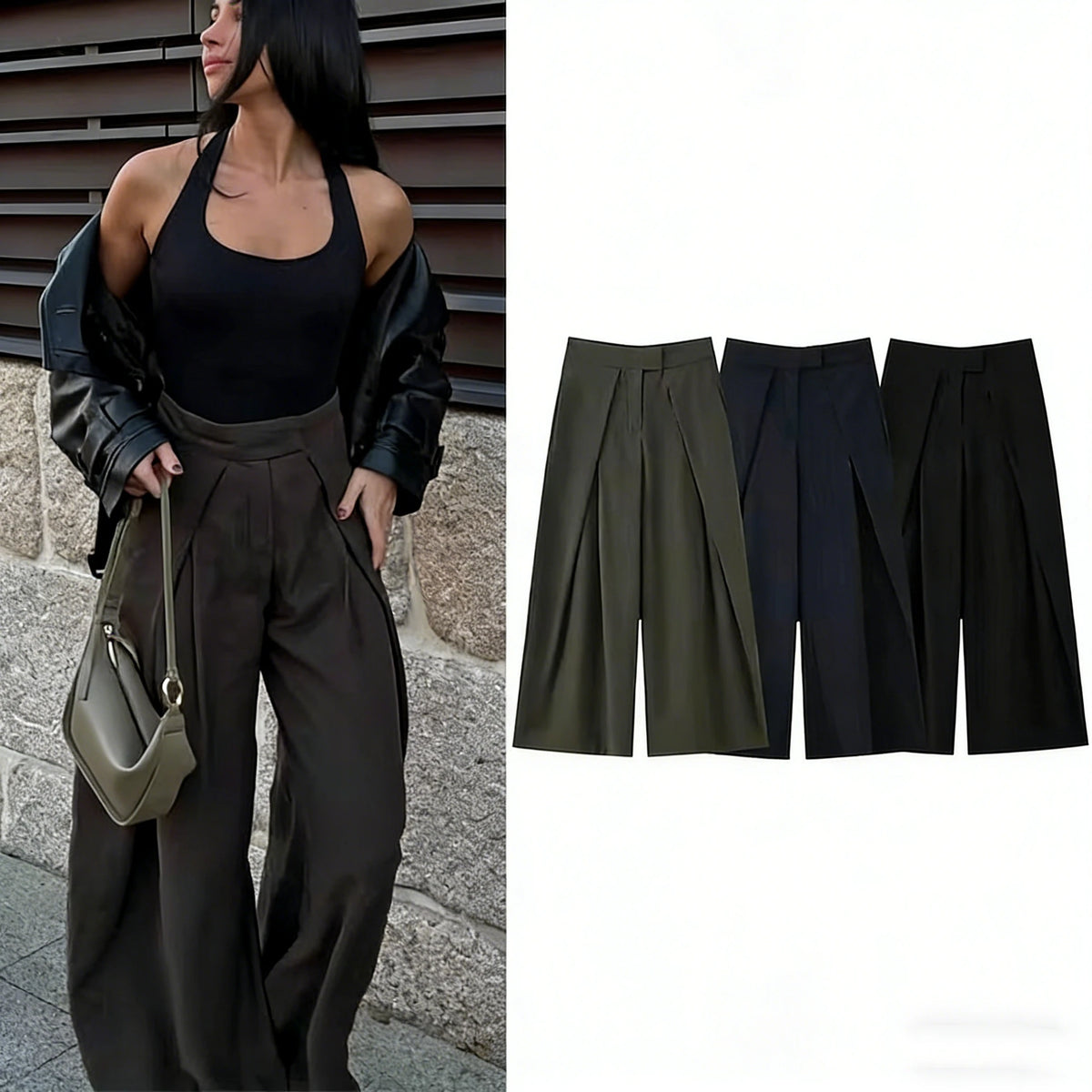 Fashion Army Green Loose Wide Leg Pants Women Casual Zip-up Pocket Pleated Long Trousers High Street Chic Long Pants 2026 New